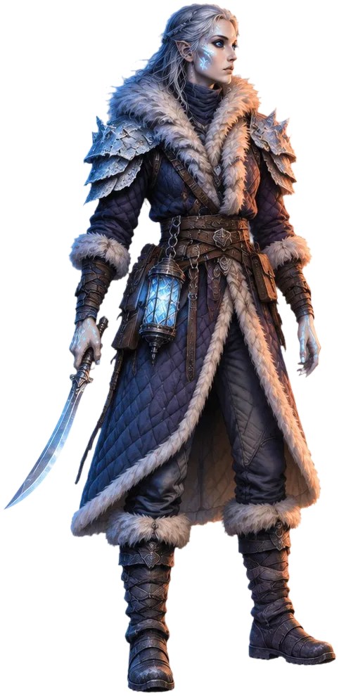 Nightborn: kulit pucat dengan garis biru menyala, mantel termal berbulu, lentera kristal es, dan pedang kaca melengkung.